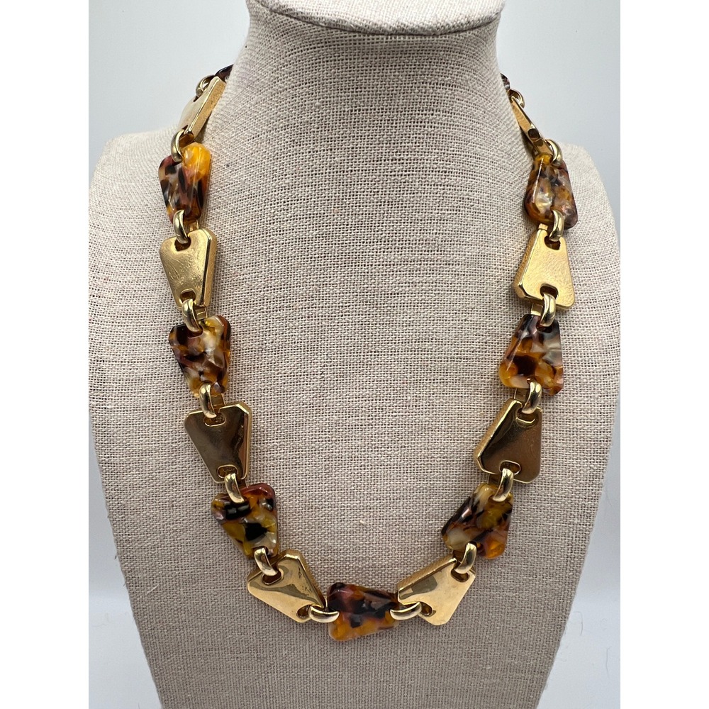 Ann Taylor Tortoiseshell Link Choker Necklace Minimalist Career Gold Acrylic 17"